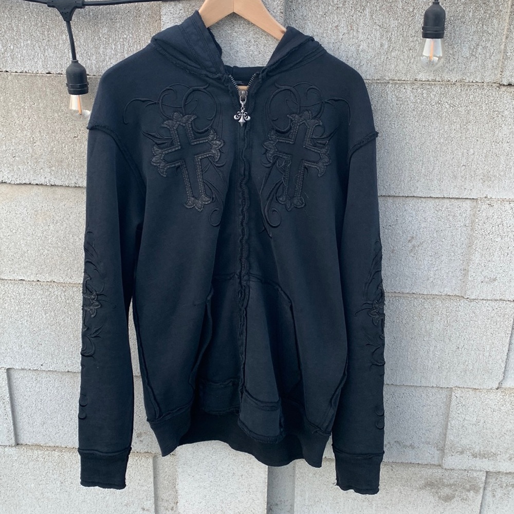 Affliction leather accented mens black zip up hoody